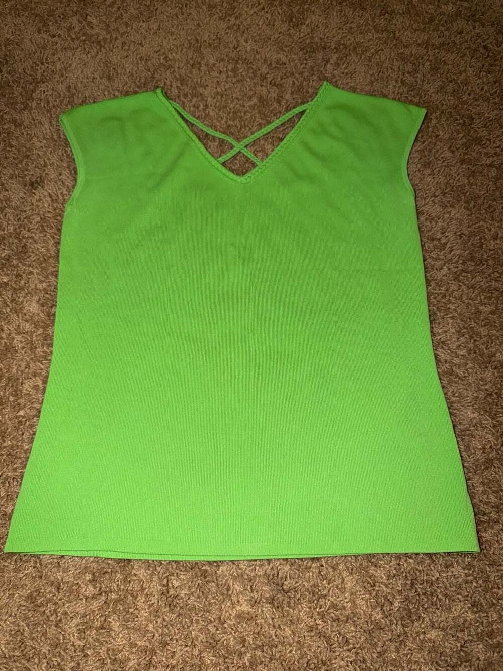 Versailles Green Ribbed Knit Sleeveless V-Neck Top with Criss-Cross Straps